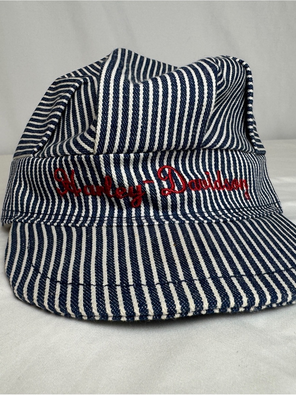 Vintage Kids Harley-Davidson Engineer Hat - Hickory Stripe Denim Railroad Cap